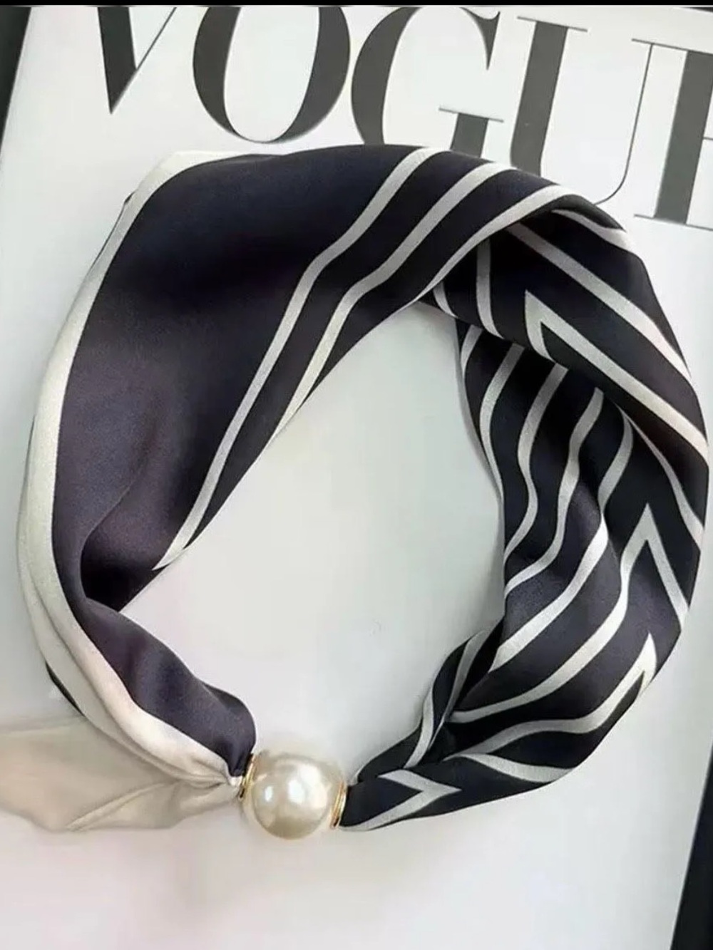 MADE IN FRANCE Classic Black & White Stripe Silk Scarf Necklace w/Pearl Accent